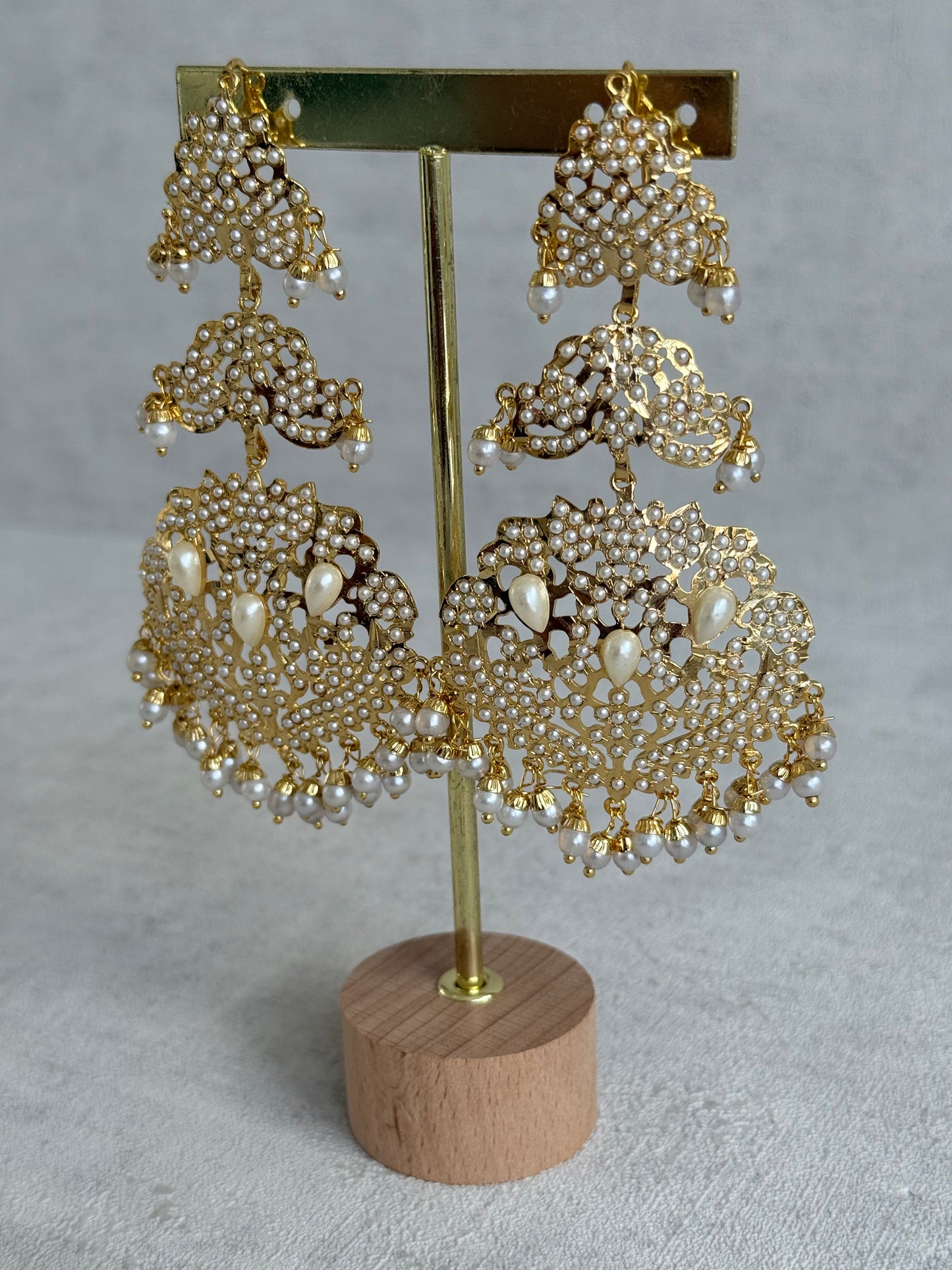 Ayura Designs Zarrar Earrings – Gold Jadau Filigree Statement Earrings with Pearl Drops