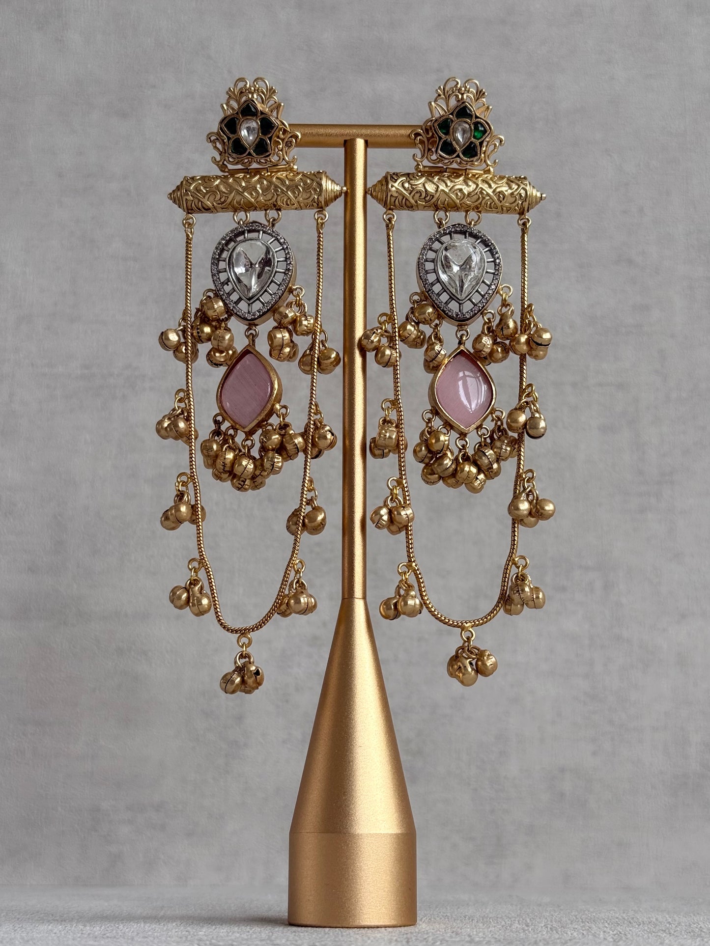 Ayura Designs Rouf Earrings – Kashmiri Earrings with Blush Pink Stone, Crystal Detailing & Ghungroo Accents