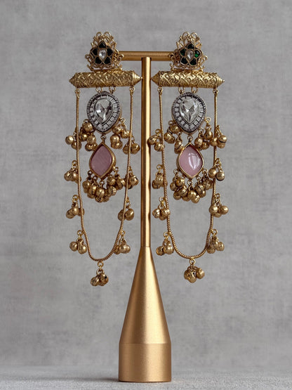Ayura Designs Rouf Earrings – Kashmiri Earrings with Blush Pink Stone, Crystal Detailing & Ghungroo Accents