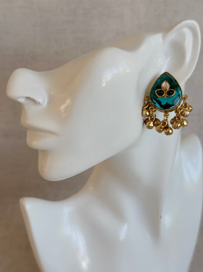 Ayura Designs Aykai Earrings – Teal Carved Teardrop Stud Earrings with Clear Kundan Stones and Gold Ghungroo Drops