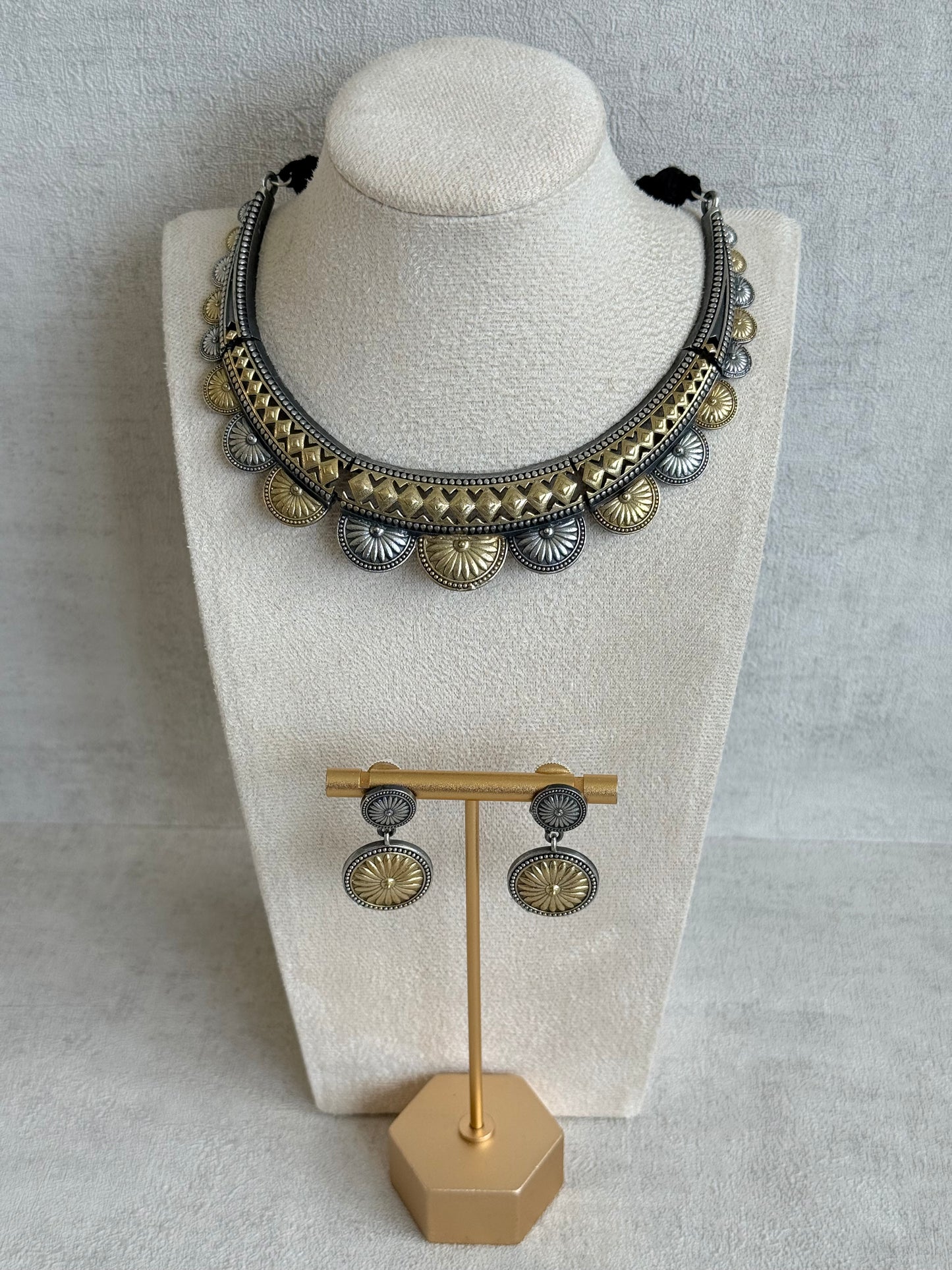 Ayura Designs Surmai Necklace Set with Earrings – Dual Tone Oxidised Necklace with Disc Motifs & Geometric Detailing