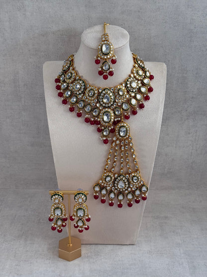 Ayura Designs Jashan Set with Necklace, Earrings, Tikka & Passa – Kundan Detailing, Pearl Drops & Ruby Red Beads