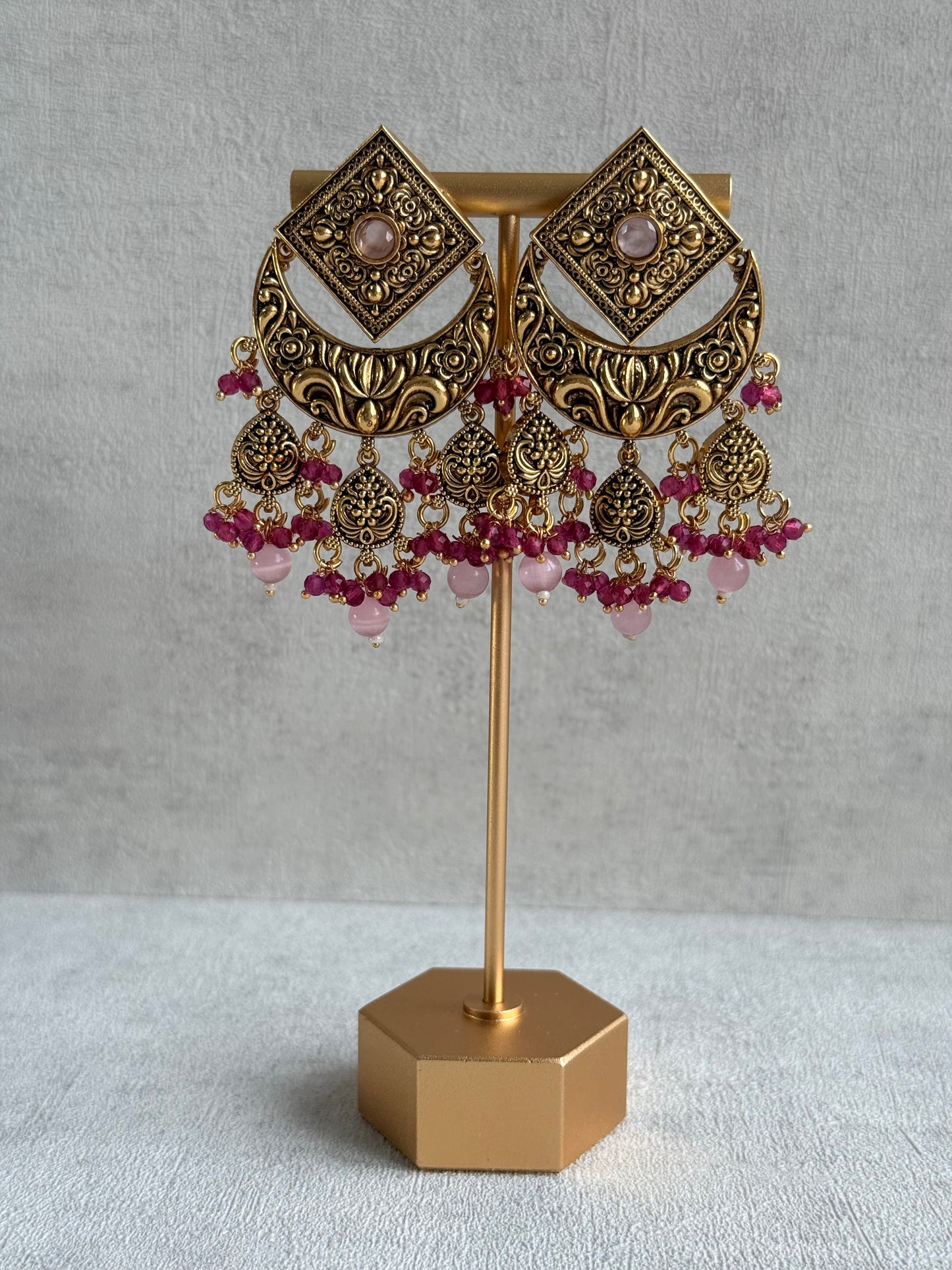 Ayura Designs Samera Choker Set with Earrings & Tikka – Rani Pink & Blush Pink Beads, Green Centre Stone, Floral Motifs & Antique Gold Finish