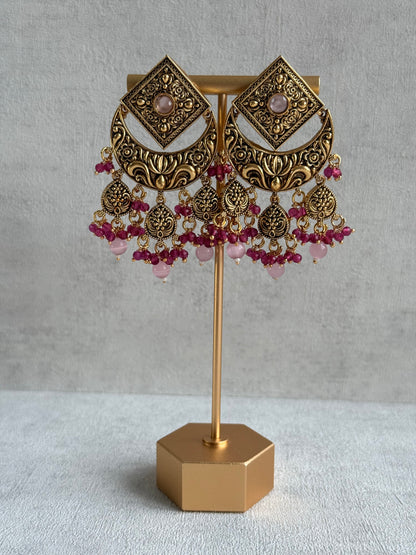 Ayura Designs Samera Choker Set with Earrings & Tikka – Rani Pink & Blush Pink Beads, Green Centre Stone, Floral Motifs & Antique Gold Finish