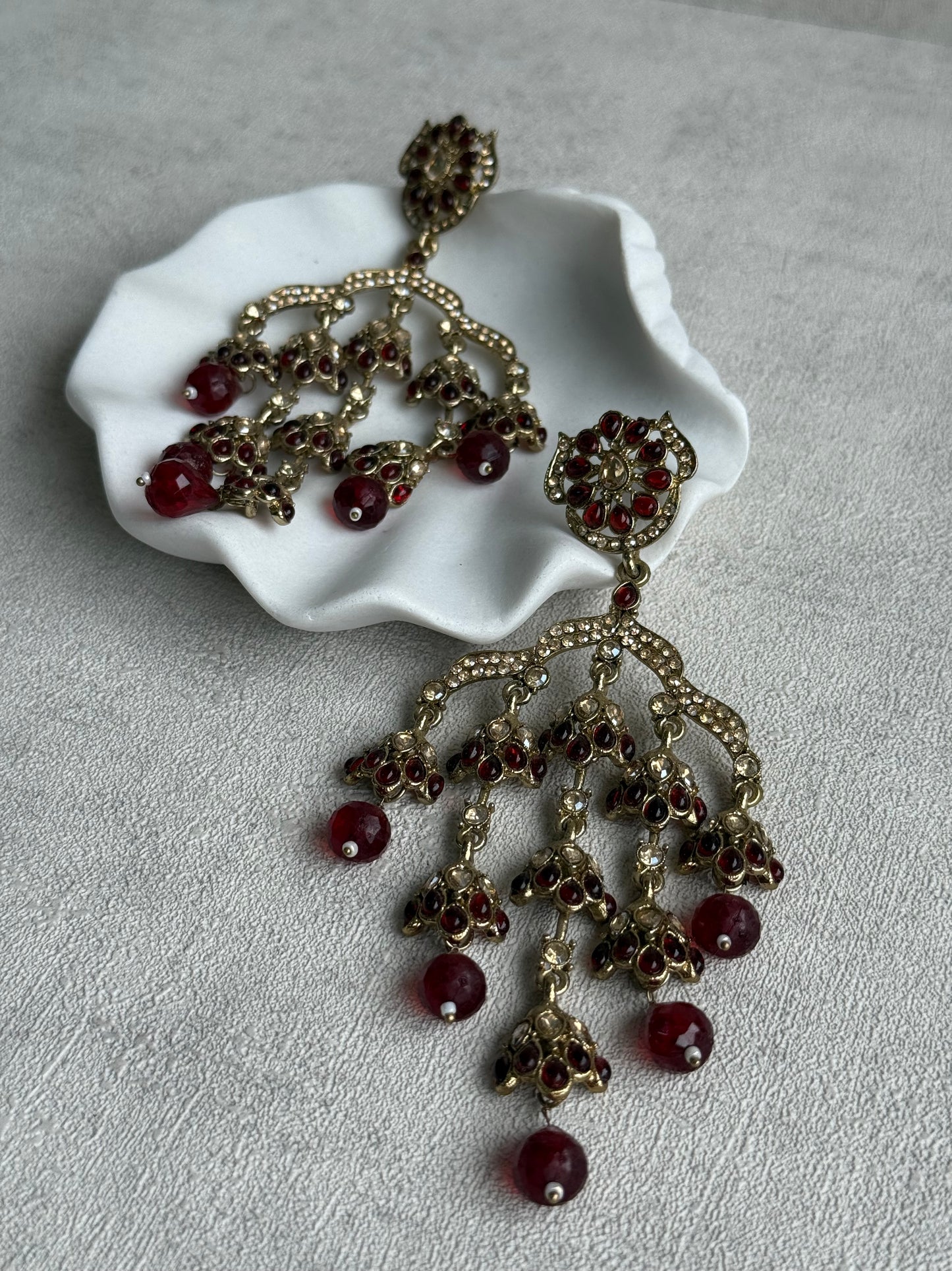 Ayura Designs Jasmine Earrings – Chandelier Earrings with Maroon Beads & Antique Gold Detailing