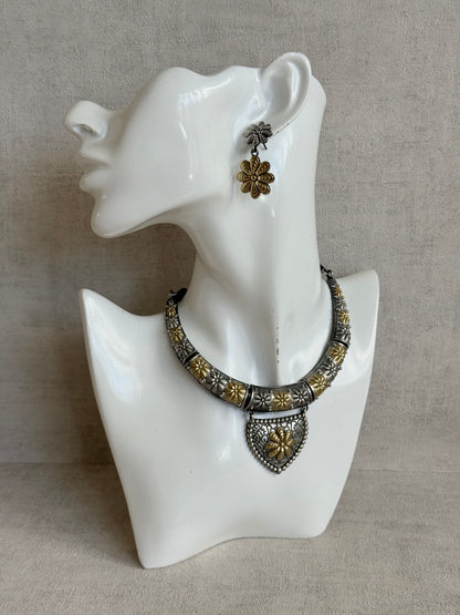 Ayura Designs Andaaz Set with Earrings – Dual Tone Oxidised Floral Necklace Set