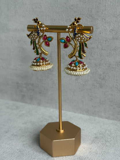 Ayura Designs Mayuri Jhumkis – Gold Peacock Earrings with Multicolour Meenakari & Pearl Detailing