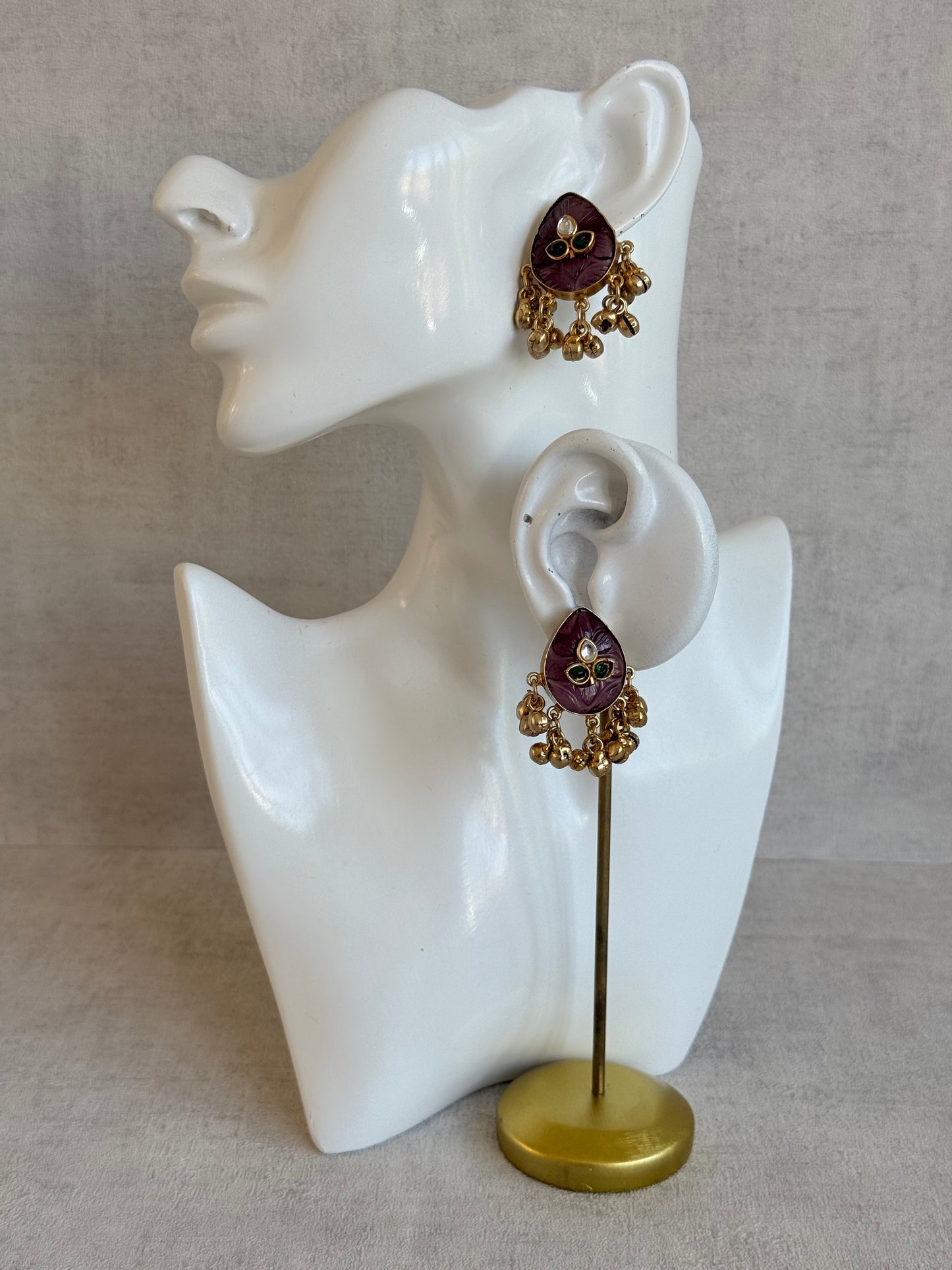 Ayura Designs Aykai Earrings – Plum Carved Teardrop Stud Earrings with Clear Kundan Stones and Gold Ghungroo Drops