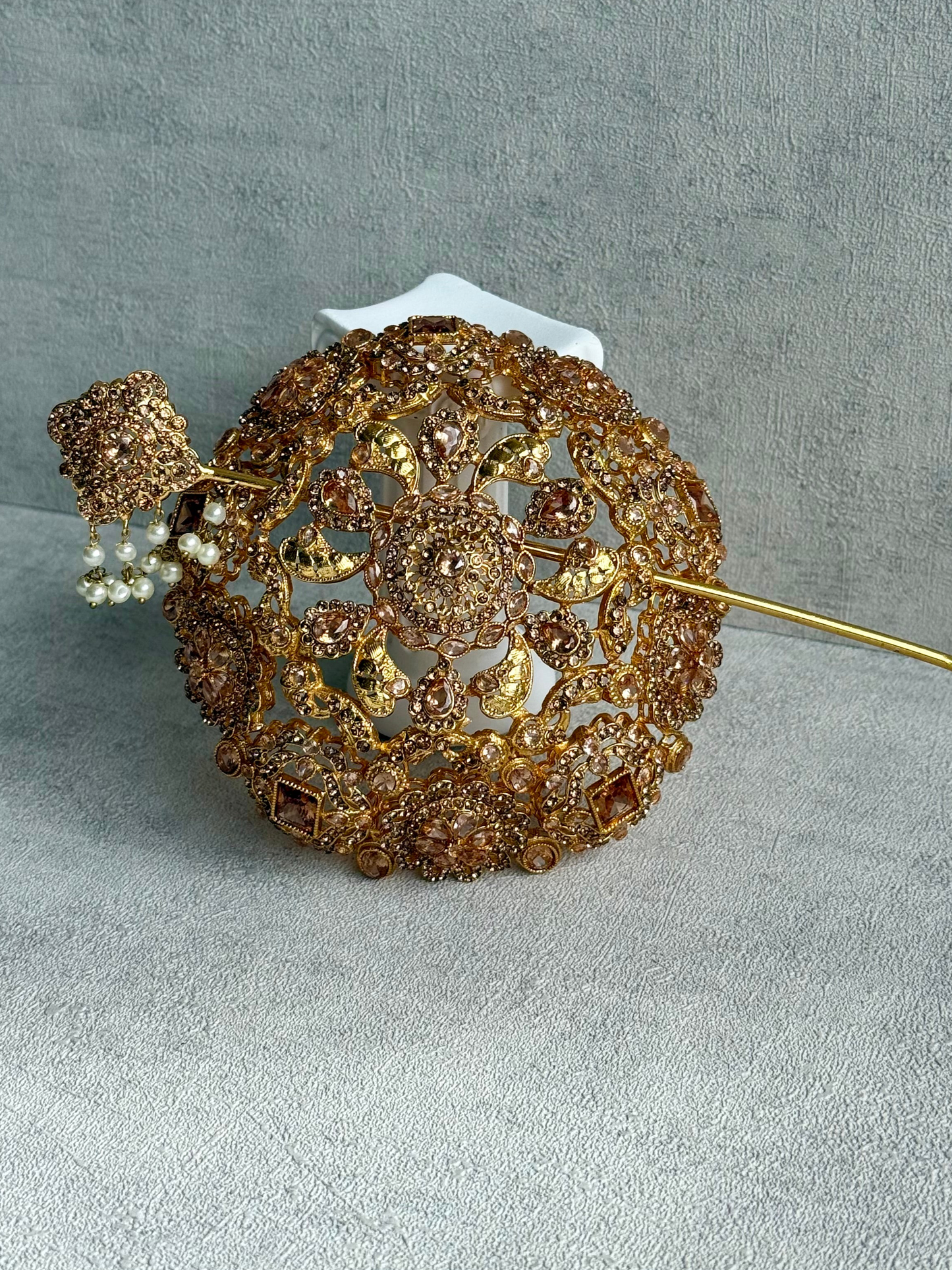 Ayura Designs Lotus Hair Bun Cover – Antique Gold with Champagne Stones & Floral Detailing