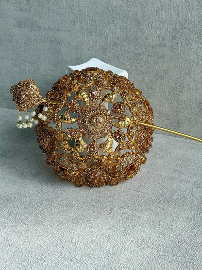 Ayura Designs Lotus Hair Bun Cover – Antique Gold with Champagne Stones & Floral Detailing