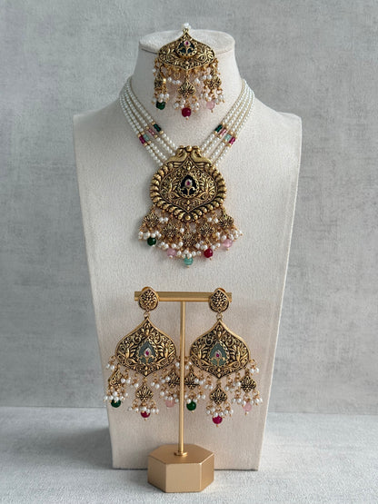 Ayura Designs Afia Necklace Set with Earrings & Tikka – Antique Gold, Multicolour Beads, Green Centre Stone & Peacock Motifs