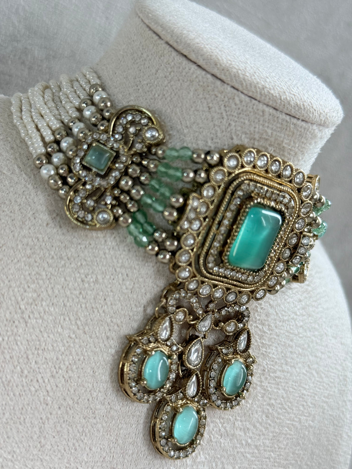 Ayura Designs Nabiha Choker Set with Studs – Aqua Green Stones, Pearl Detailing & Antique Gold Finish