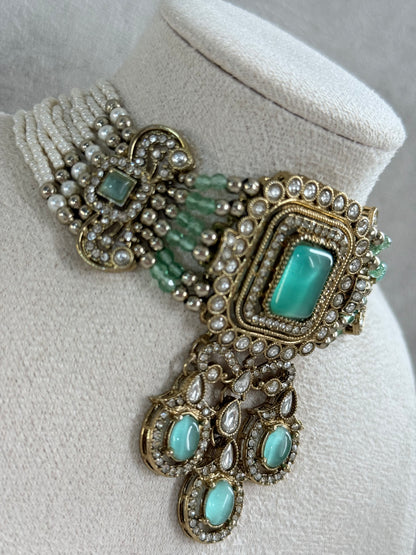 Ayura Designs Nabiha Choker Set with Studs – Aqua Green Stones, Pearl Detailing & Antique Gold Finish