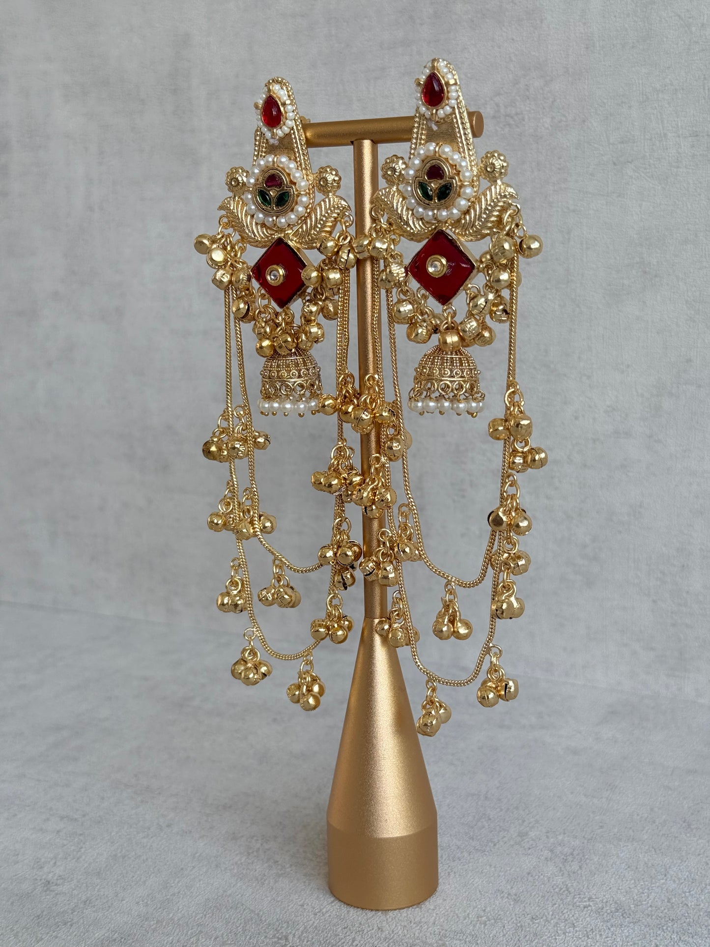 Ayura Designs Simal Earrings – Kashmiri Earrings with Red Stone, Multicoloured Detailing, Layered Ghungroo Chains & Jhumkis