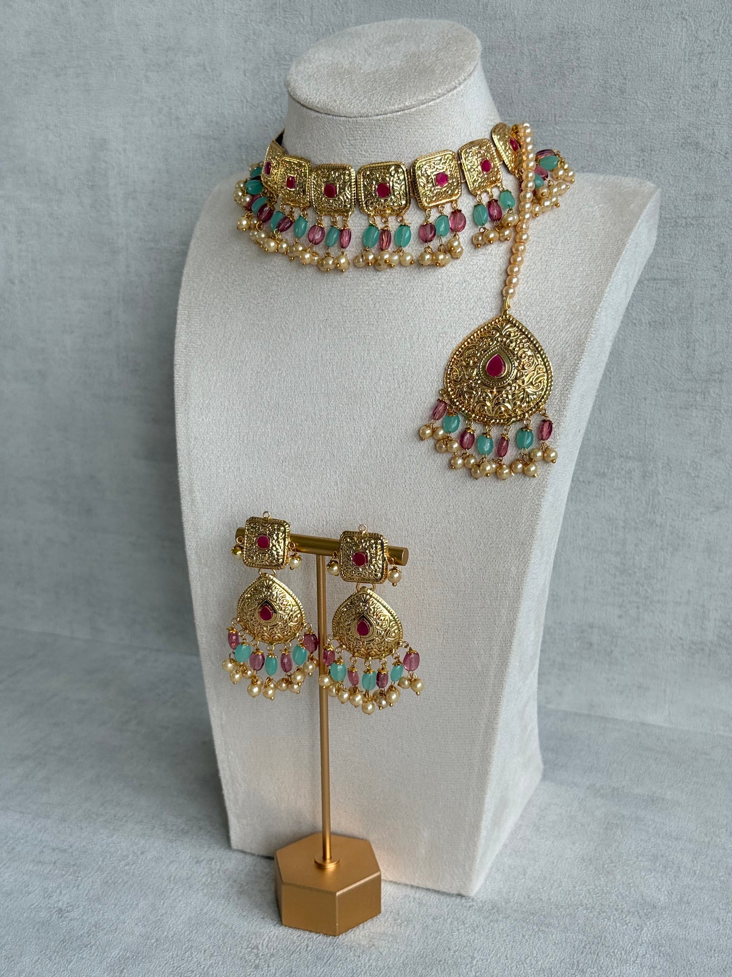 Ayura Designs Chetna Choker Set with Earrings & Tikka – Aqua & Rani Pink Beads, Cream Pearl Drops with Pipal Patti Detailing