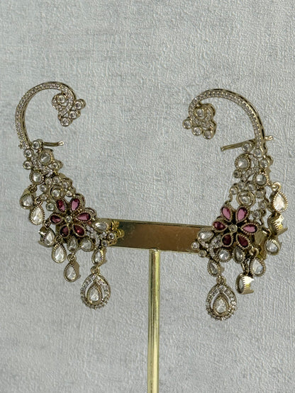 Ayura Designs Aksara Kaanphool Earrings – Rani Pink Stones, Kundan, Crystals & Antique Gold Finish