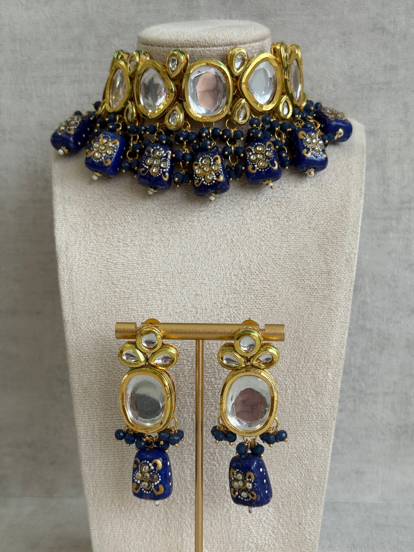 Ayura Designs Gyan Set With Choker And Earrings – Kundan Stones And Navy Blue Meenakari Drops