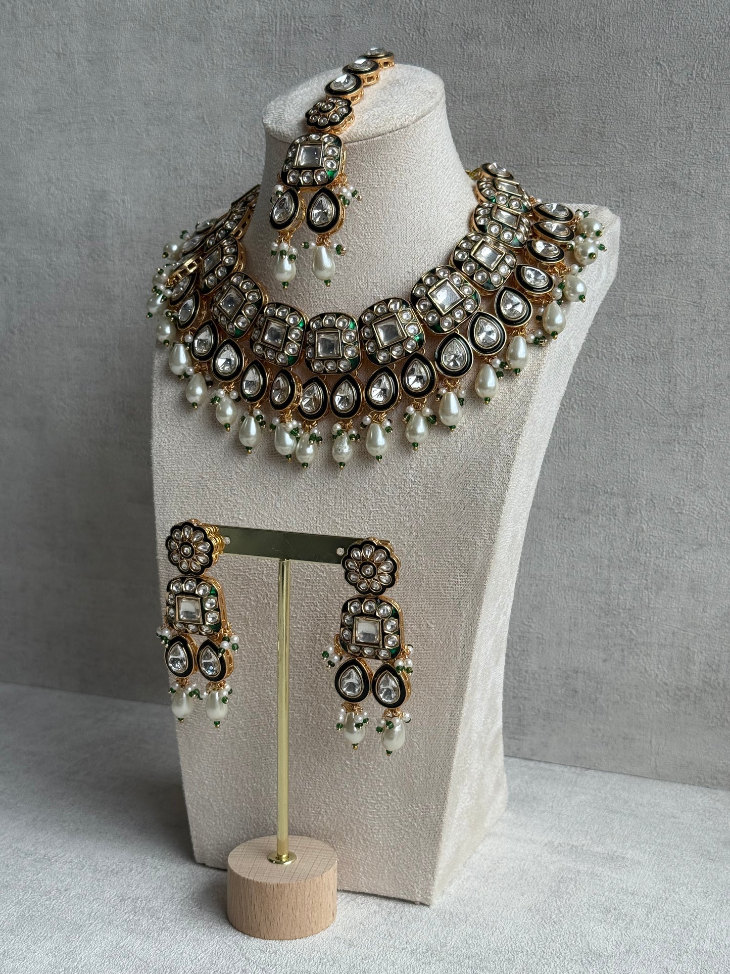 Ayura Designs Salma Set – Necklace, Earrings & Tikka with Mirror-Cut Kundan, Ivory Pearls, Emerald Green Meenakari & Gold Finish