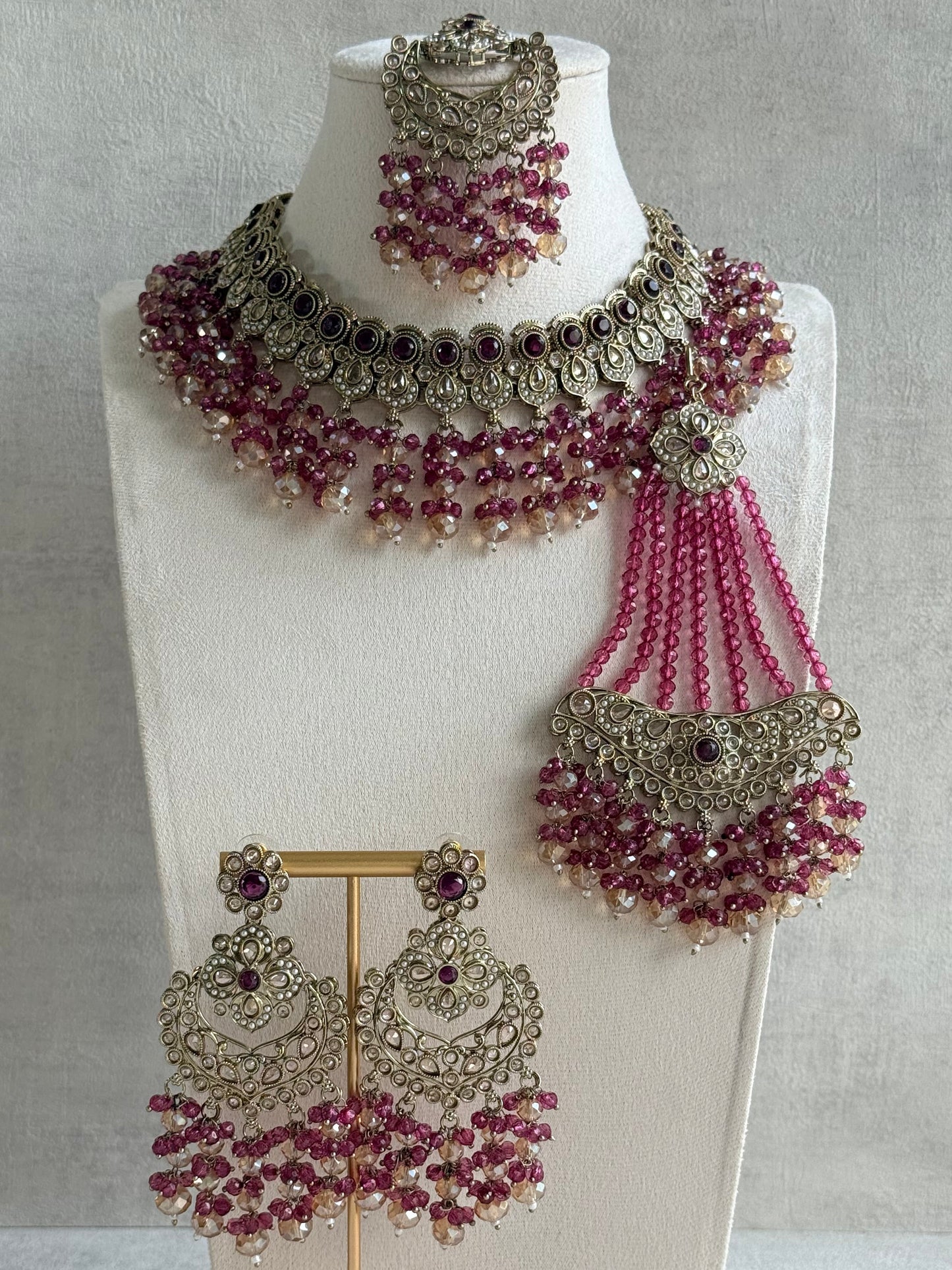 Ayura Designs Dilnaz Necklace Set with Earrings, Tikka & Passa – Berry Pink & Champagne Crystal Beads & Antique Gold Finish
