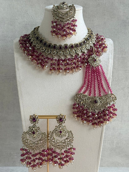 Ayura Designs Dilnaz Necklace Set with Earrings, Tikka & Passa – Berry Pink & Champagne Crystal Beads & Antique Gold Finish