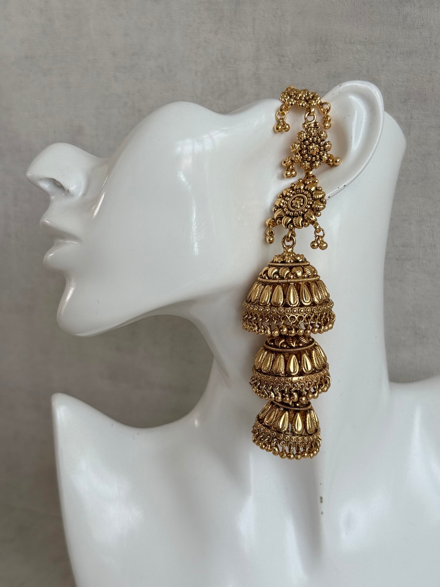 Ayura Designs Preet Sahare Jhumkis – Antique Gold Finish with Triple Dome Design