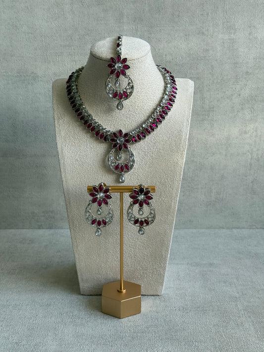 Ayura Designs Fareeha Set with Necklace, Earrings & Tikka – Mirror-Cut Stones, Fuchsia Floral Detailing & Silver Finish