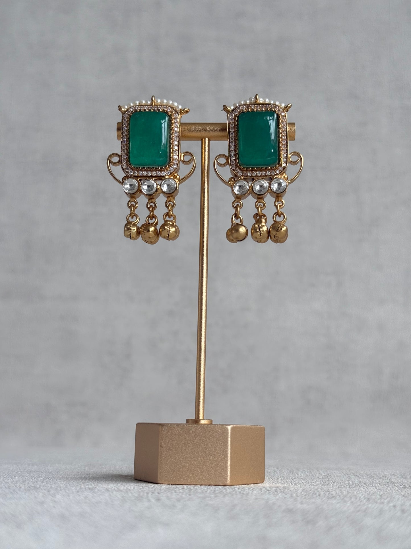 Ayura Designs Aleena Earrings – Emerald Green Stone Stud Earrings with Pearls & Ghungroo Detailing