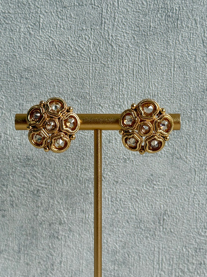 Ayura Designs Amala Set with Necklace, Studs & Tikka – Mirror-Cut Stones in Antique Gold Finish