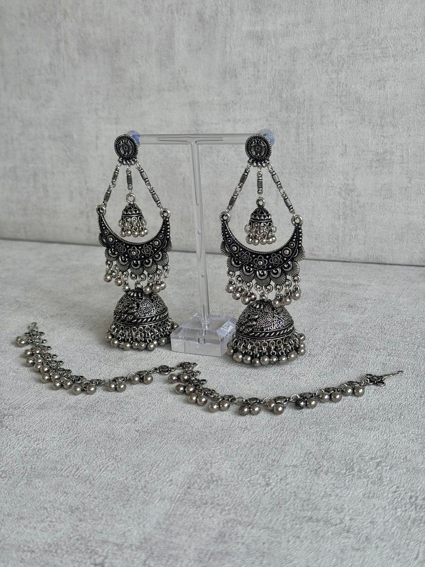 Ayura Designs Nazaakat Jhumkas - Oxidised Silver Earrings with Detachable Sahare | Antique Finish