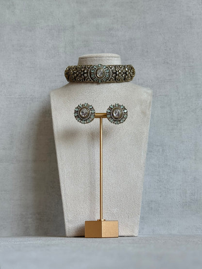 Ayura Designs Genevieve Choker Set with Studs – Mint Crystal Kundan in Antique Gold