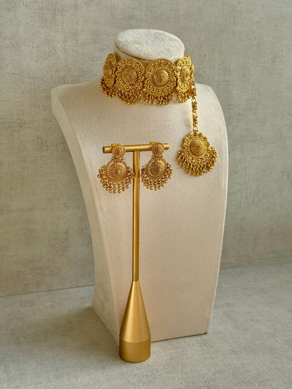Ayura Designs Rami Choker Set with Earrings & Tikka – Antique Gold Medallions with Ghungroo Drops