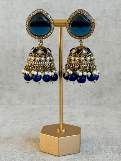 Ayura Designs Brielle Set – Necklace & Jhumkis with Mirror-Cut Stones in Midnight Blue & Ivory