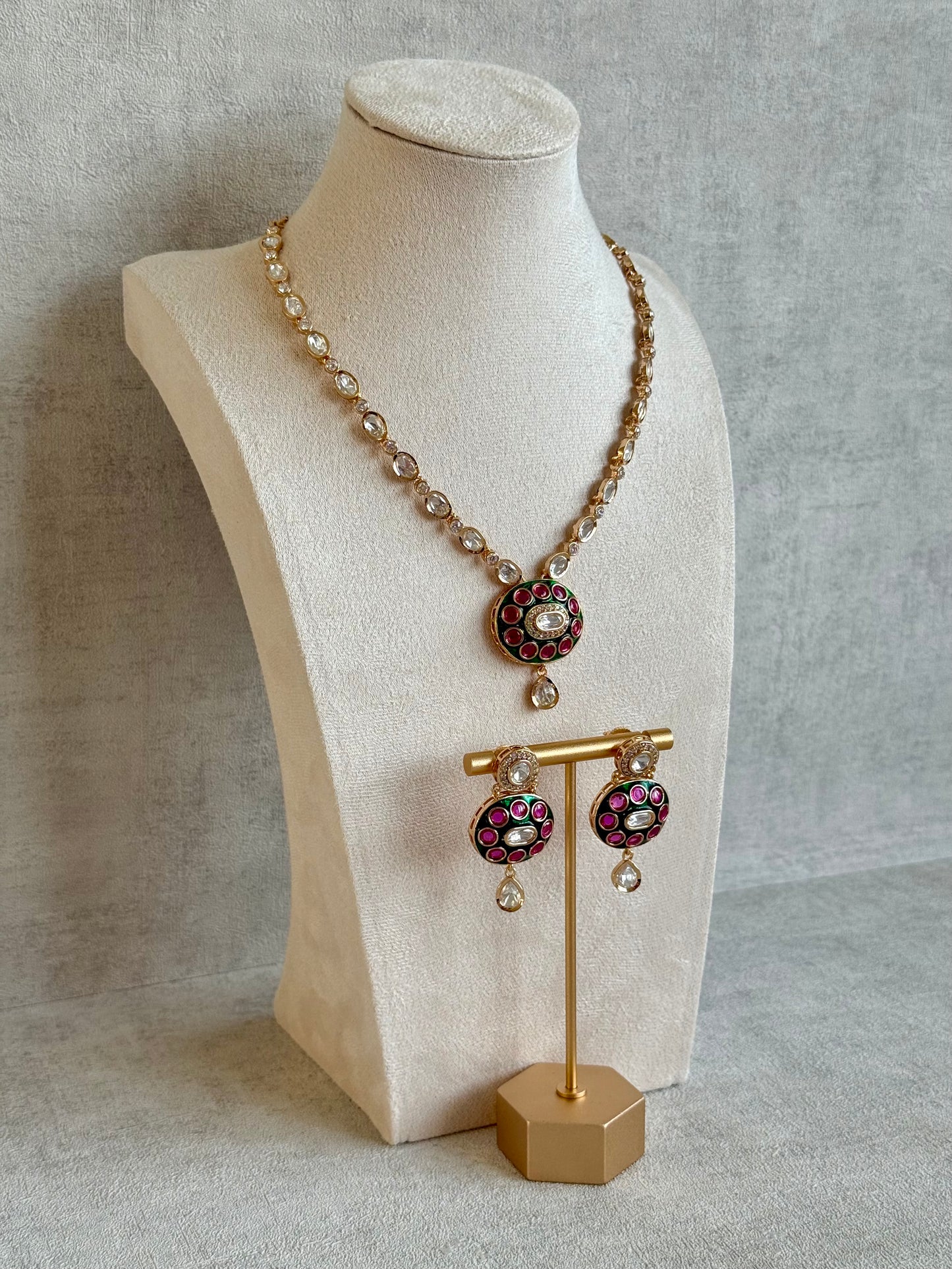 Ayura Designs Jiya Set with Earrings – Oval Motif, Pink & Green Meenakari with Crystal Detailing