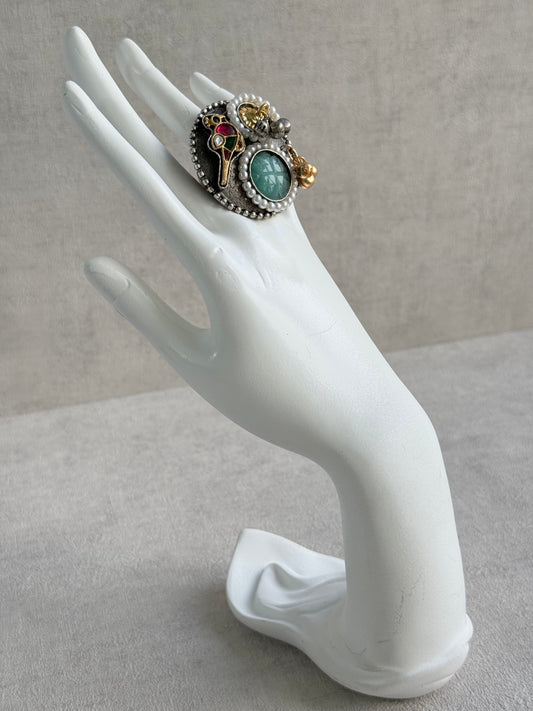 Ayura Designs Mihika Adjustable Ring – Oxidised Statement Ring with Green Stone, Pearl Detailing & Parrot Motif