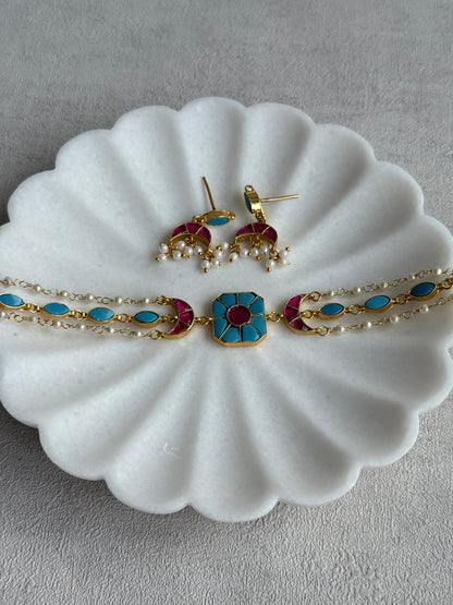 Ayura Designs Mahi Choker Set with Earrings – Meenakari Kundan Turquoise Blue & Hot Pink Detailing