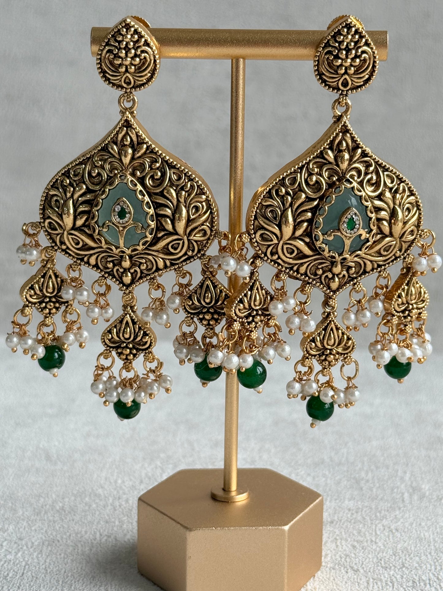 Ayura Designs Afia Necklace Set with Earrings & Tikka – Antique Gold, Emerald Green Beads, Green Centre Stone & Peacock Motifs