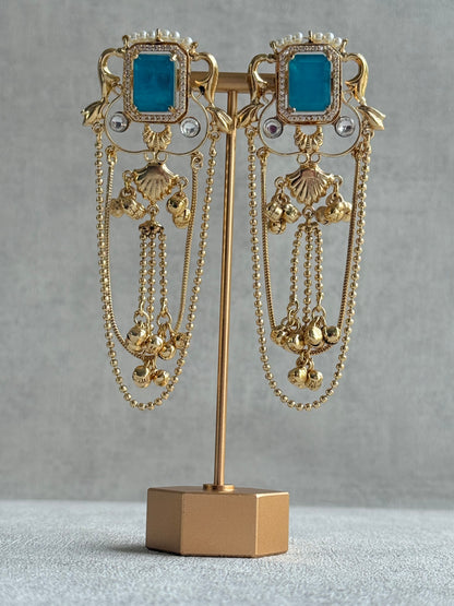 Ayura Designs Jaid Earrings – Aqua Blue Floral Motif with Layered Chains & Ghungroos