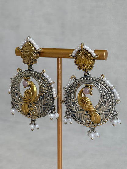 Ayura Designs Dilara Earrings – Oxidised Peacock Earrings with Pearl Detailing & Dual Tone Finish