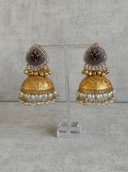 Ayura Designs Ziva Jhumkis – Handcrafted in Antique-Finish Brass with Grey Enamel Studs, Green Stone Detail & Pearl Clusters
