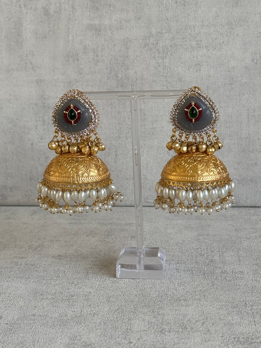 Ayura Designs Ziva Jhumkis – Handcrafted in Antique-Finish Brass with Grey Enamel Studs, Green Stone Detail & Pearl Clusters