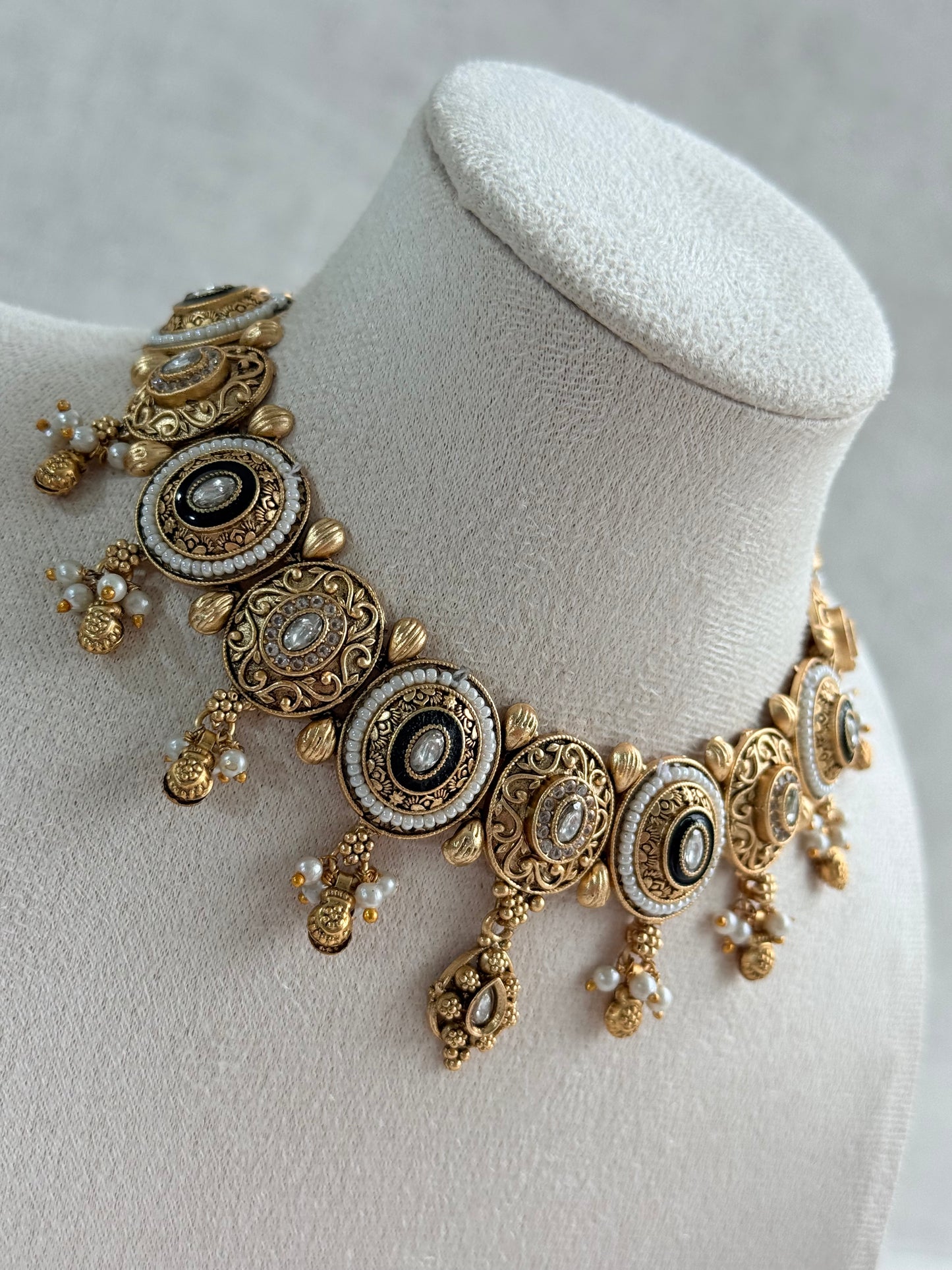 Ayura Designs Livia Necklace Set with Earrings – Green Enamel, Kundan & Pearl Detailing in Antique Gold Finish