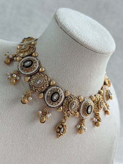 Ayura Designs Livia Necklace Set with Earrings – Green Enamel, Kundan & Pearl Detailing in Antique Gold Finish