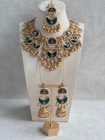 Ayura Designs Tafiza Necklace Set with Sahare Jhumki Earrings & Tikka – Emerald Green, Rani Pink, Kundan, Pearls & Antique Gold Finish