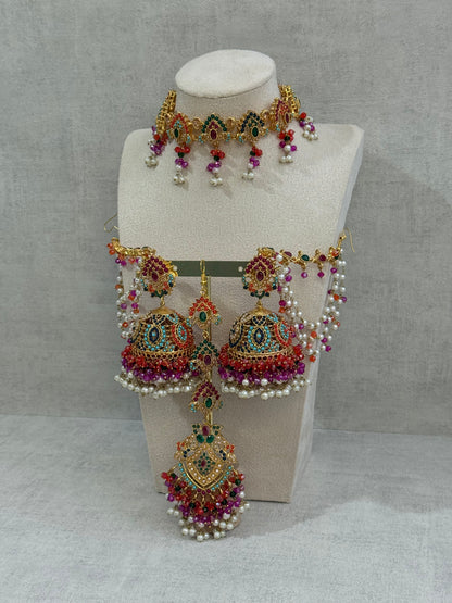 Ayura Designs Noor Set – Choker, Jhumkis with Sahare & Tikka in Multicolour with Pearl Detailing