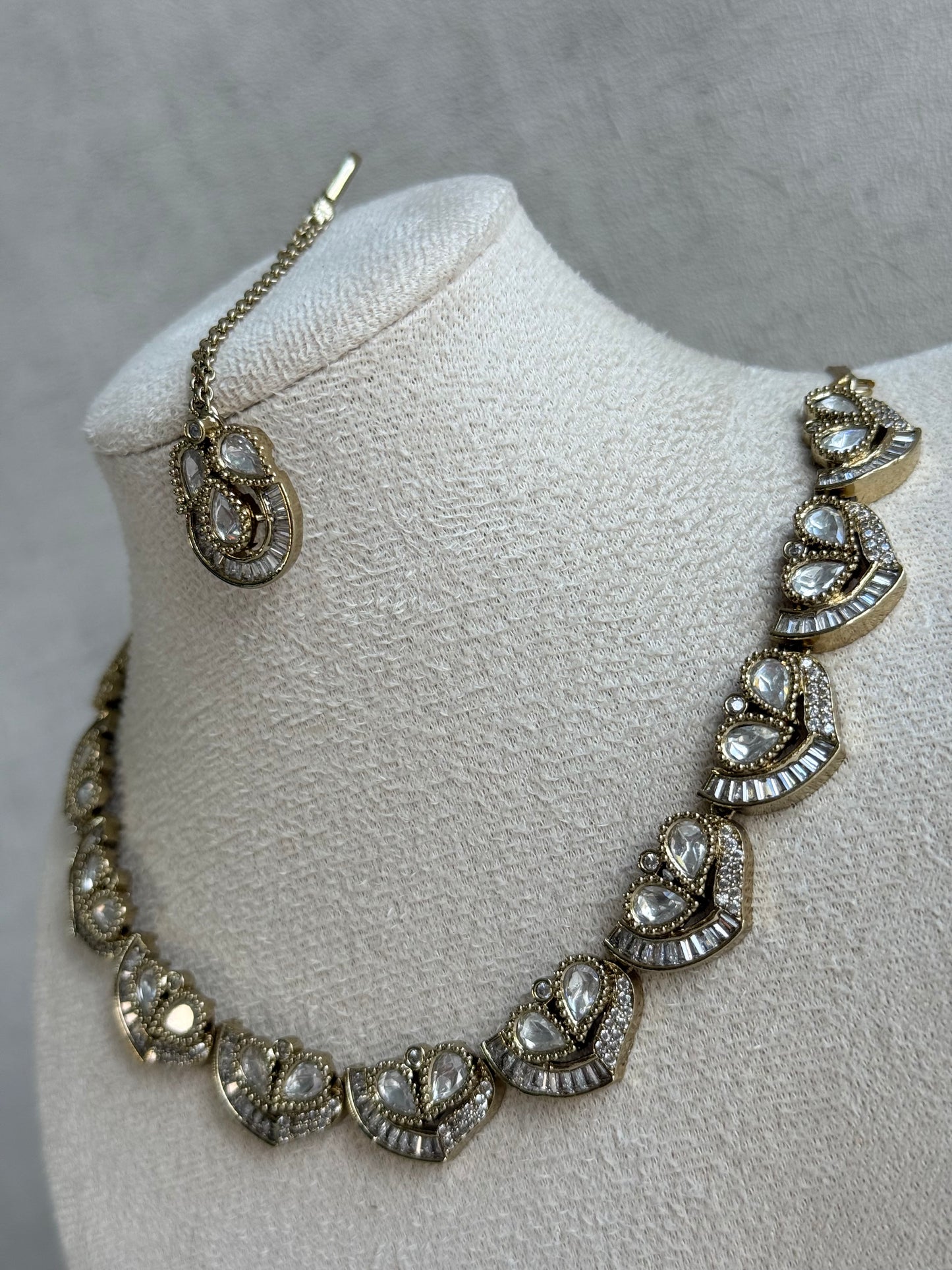 Ayura Designs Katalina Necklace Set with Earrings & Tikka – Crystal Detailing & Antique Gold Finish