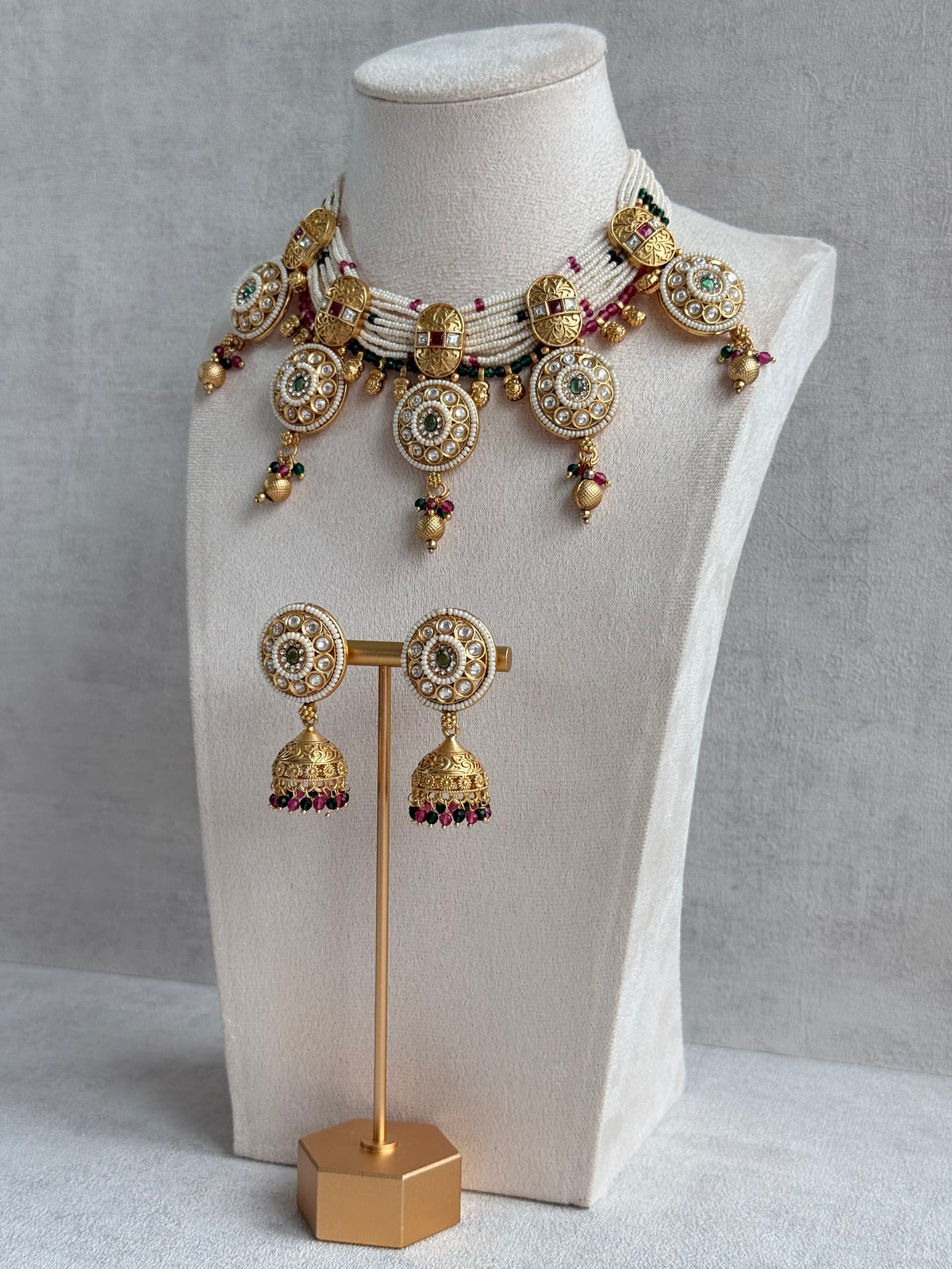 Ayura Designs Kesar Necklace Set with Jhumkis – Multi-Strand Pearl Design, Kundan, Rani Pink & Green Stones & Gold Finish