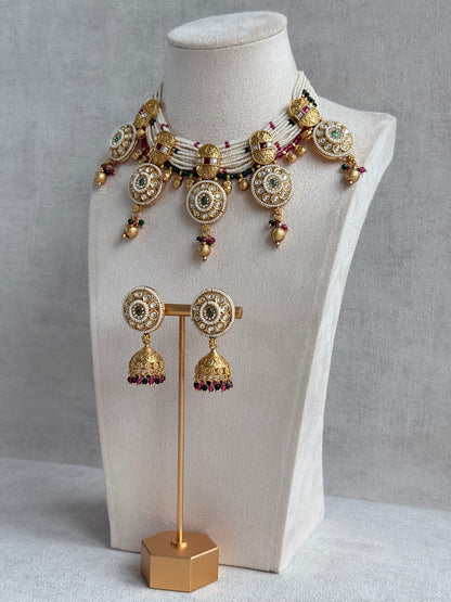 Ayura Designs Kesar Necklace Set with Jhumkis – Multi-Strand Pearl Design, Kundan, Rani Pink & Green Stones & Gold Finish