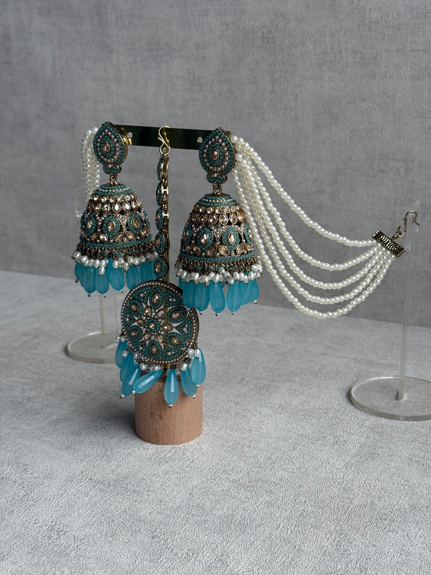 Ayura Designs Amrita Set – Jhumkis with Sahare & Tikka in Aqua Blue, Pearls and Antique Gold Finish