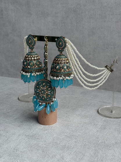 Ayura Designs Amrita Set – Jhumkis with Sahare & Tikka in Aqua Blue, Pearls and Antique Gold Finish