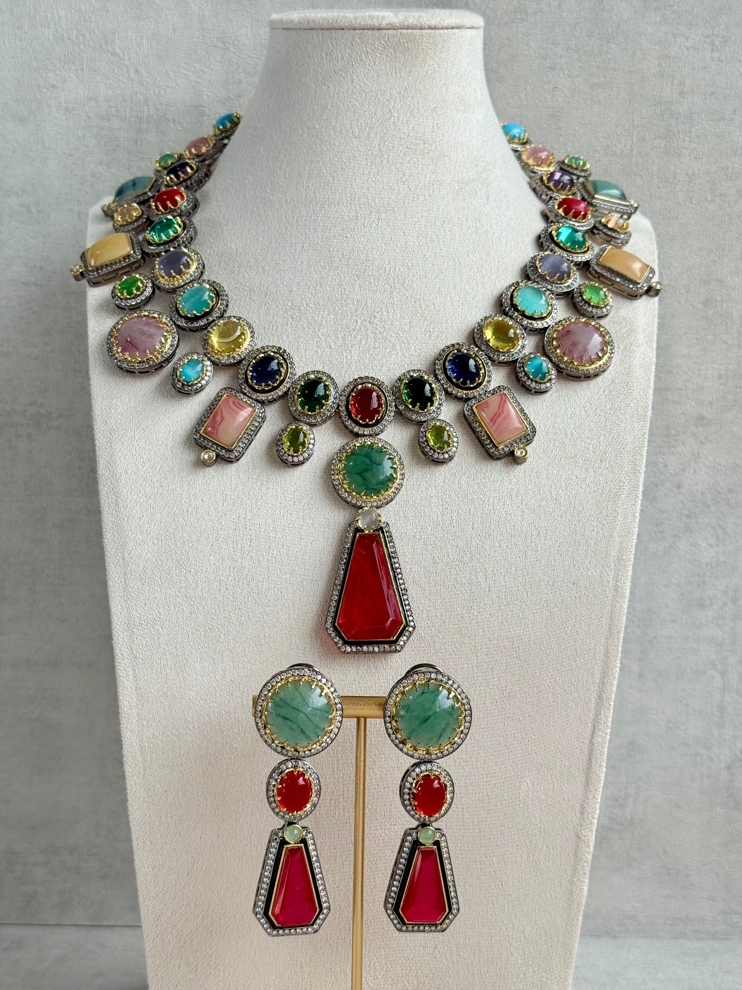 Ayura Designs Ophelia Set with Necklace & Earrings – Navratan Stone Detailing with Antique Silver Finish